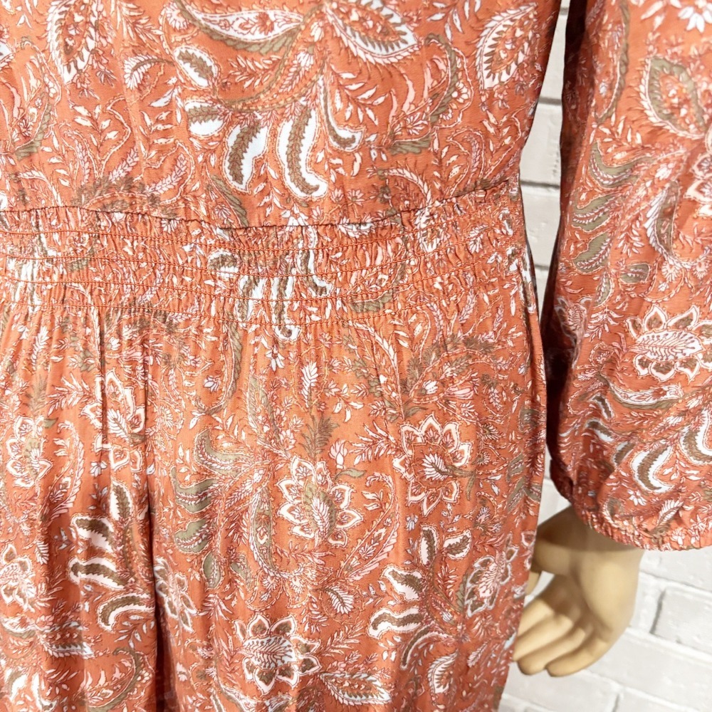 J.Jill Paisley Print Midi Dress Rust Orange Button Neck Ruffle Collar - Size XL - Picture 7 of 8